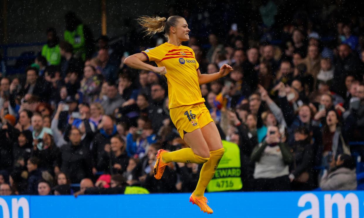 <span>Fridolina Rolfö celebrates after giving Barcelona the lead on aggregate with her second-half penalty.</span><span>Photograph: Tom Jenkins/The Guardian</span>