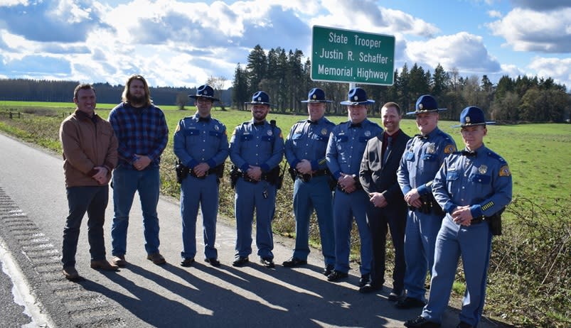 A 6-mile section of State Route 6 near Chehalis was named for WSP Trooper Justin Schaffer, March 24, 2024 (WSP)