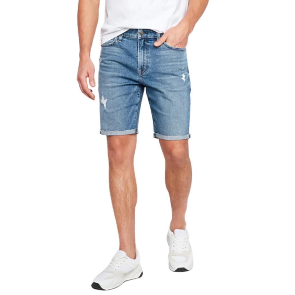 Ripped Dark Wash Raw Hem Temp Control Hyper Stretch Jean Shorts