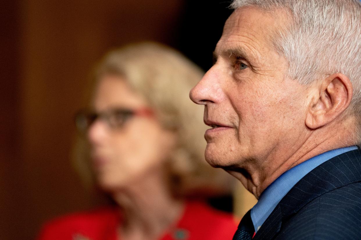 Dr. Anthony Fauci, Director of the National Institute of Allergy and Infectious Diseases, and Diana Bianchi, Director of the Eunice Kennedy Shriver National Institute of Child Health and Human Development, talk following a Senate Appropriations Subcommittee hearing May 26, 2021 on Capitol Hill in Washington, D.C. (Getty Images)