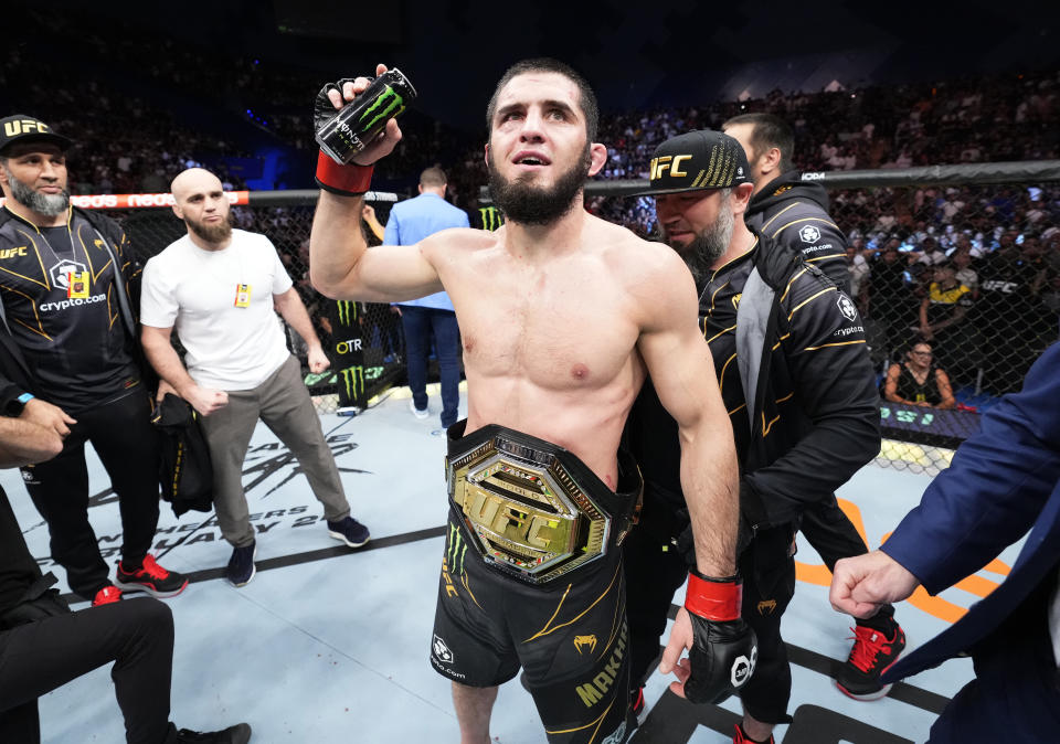 PERTH, AUSTRALIA - FEBRUARY 12: Islam Makhachev of Russia reacts after his victory over Alexander Volkanovski of Australia in the UFC lightweight championship fight during the UFC 284 event at RAC Arena on February 12, 2023 in Perth, Australia. (Photo by Chris Unger/Zuffa LLC via Getty Images)