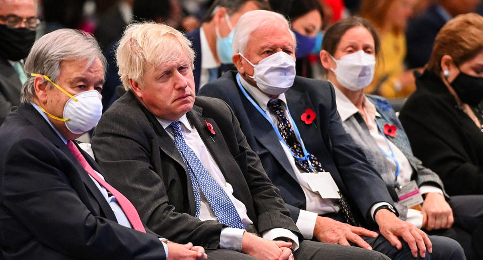 United Nations (UN) Secretary General Antonio Guterres, British PM Boris Johnson and  Sir David Attenborough at COP26, Glasgow. Source: Getty Images