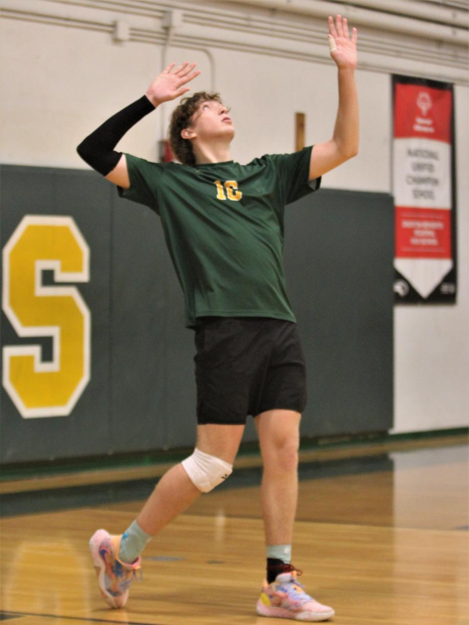 Dighton-Rehoboth's Ian Hoskins prepares to serve during a Tri-Valley League match against Nipmuc on April 17, 2023.