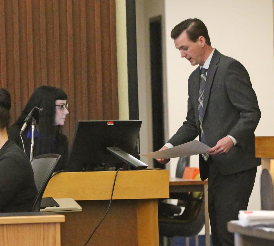 Defense attorney Matthew McNicoll questions DNA expert Jennifer Sears in the double-murder trial of Timothy Verrill in Strafford County Superior Court in Dover Tuesday, April 2, 2024.