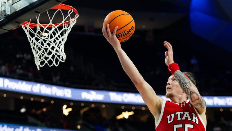 Utah Utes guard Gabe Madsen (55) shoots the ball during the game between the Utah Utes and the Colorado Buffaloes in the quarterfinals of the 2024 Pac-12 Men’s Basketball Tournament at the T-Mobile Arena in Las Vegas on Thursday, March 14, 2024.