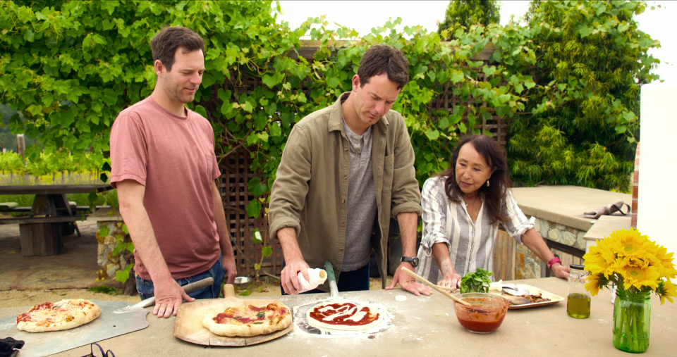 Charlie and Michael Kalish with American vegan chef and activist Miyoko Schinner in Netflix's "You Are What You Eat: A Twin Experiment".