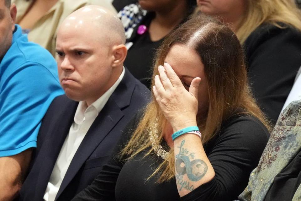 Ilan and Lori Alhadeff react as they hear that their daughter’s murderer will not receive the death penalty as the verdicts are announced in the trial of Marjory Stoneman Douglas High School shooter Nikolas Cruz at the Broward County Courthouse in Fort Lauderdale on Thursday, Oct. 13, 2022. The Alhadeffs’ daughter, Alyssa, was killed in the 2018 shootings. Cruz, who pleaded guilty to 17 counts of premeditated murder in the 2018 shootings, is the most lethal mass shooter to stand trial in the U.S. He was previously sentenced to 17 consecutive life sentences without the possibility of parole for 17 additional counts of attempted murder for the students he injured that day.