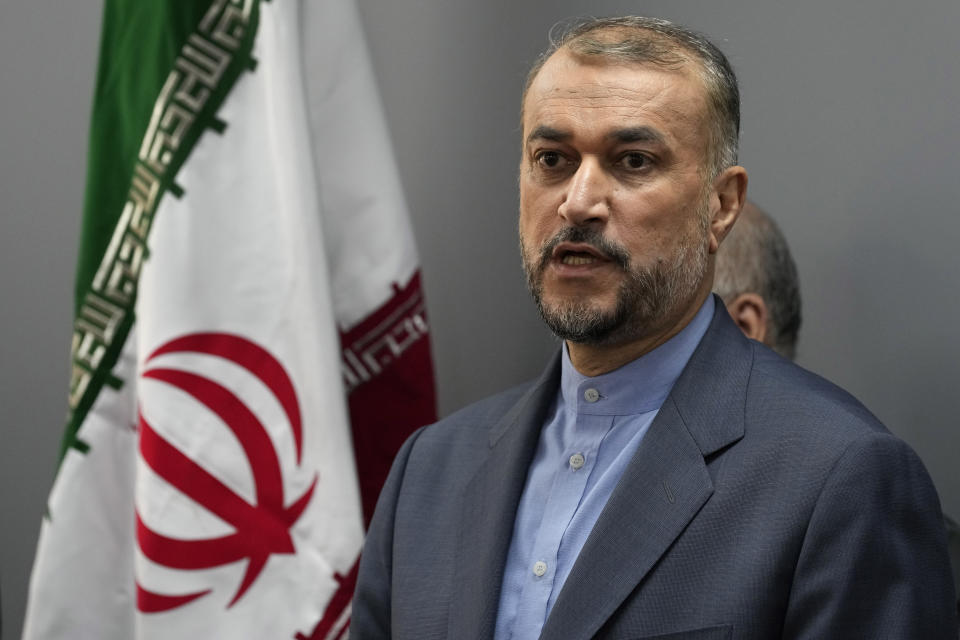 Iranian Foreign Minister Hossein Amirabdollahian, speaks during a joint press conference with his Lebanese counterpart Abdallah Bouhabib, in Beirut Lebanon, Friday, Oct. 13, 2023. Amirabdollahian blasted the United States for calling for restraint in the region while at the same time allowing Israel to "commit out crimes" in Gaza. (AP Photo/Hussein Malla)