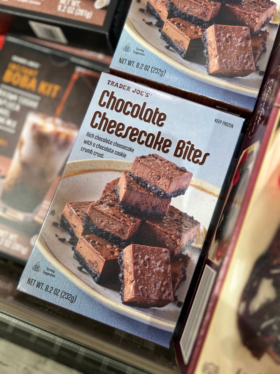 Box of Trader Joe's Chocolate Cheesecake Bites with image of dessert on packaging