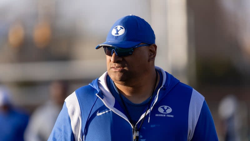 BYU Football Head Coach Kalani Sitake walks off the SAB outdoor practice fields after practice at the start of spring camp in Provo on Thursday, Feb. 29, 2024.