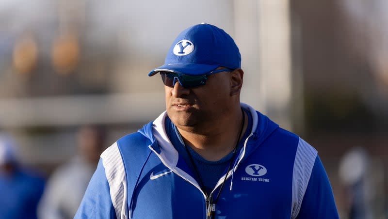 BYU Football head coach Kalani Sitake walks off the SAB outdoor practice fields after practice at the start of spring camp in Provo on Thursday, Feb. 29, 2024.