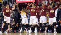 May 4, 2016; Cleveland, OH, USA; The Cleveland Cavaliers bench, including forward Kevin Love (0), guard Iman Shumpert (4), guard J.R. Smith (5), and center Tristan Thompson (13) celebrate Cleveland Cavaliers guard Mo Williams' (52) three-pointer during the fourth quarter in game two of the second round of the NBA Playoffs at Quicken Loans Arena. Mandatory Credit: Ken Blaze-USA TODAY Sports