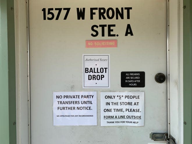 On Monday, a sign at Selma's Central Valley Guns in Fresno County claims to be an "Authorized Secure Ballot Drop." The Secretary of State's office issued a memo to county registrars this weekend clarifying that unofficial drop boxes are illegal and ballots must be returned by mail or to official polling places, vote centers, or ballot drop-off locations.