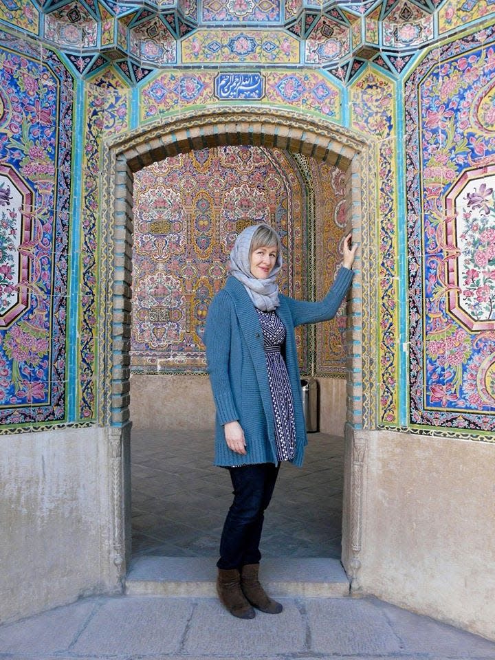 Stephennie Mulder in the courtyard fo the Nasir al-Mulk Mosque in Shiraz, Iran, in February 2016.