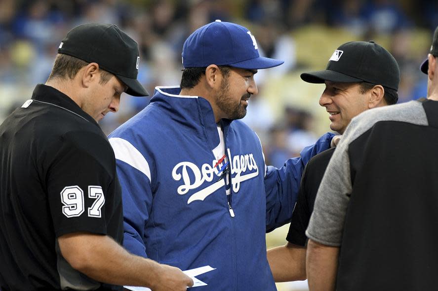 Veteran first baseman Adrian Gonzalez has been mostly absent during the postseason, but returned to Dodger Stadium for Game 2 of the World Series. (AP)