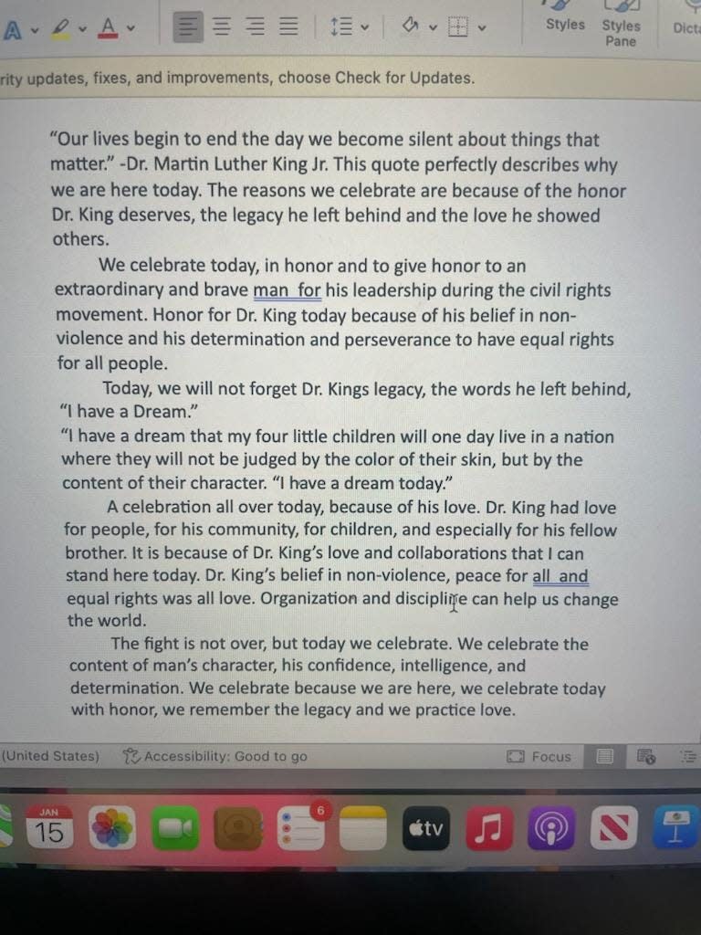 Ci're Spot's essay. One of the three essays awarded at the Lafourche Parish NAACP Dr. Martin Luther King Jr. Day celebration, January 15.