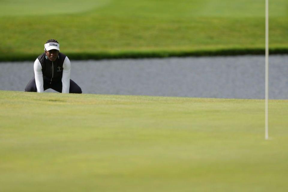  Georgia Oboh of Nigeria lines up a putt on the fifth green during the final round of the Dow Championship at Midland Country Club on 30 June in Midland, Michigan.