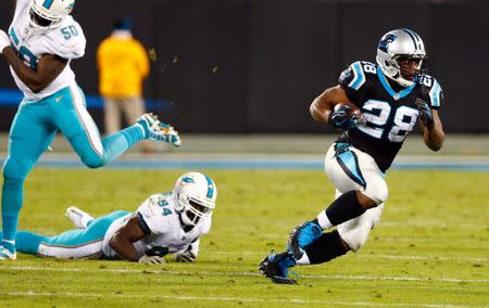 Nov 13, 2017; Charlotte, NC, USA; Carolina Panthers running back Jonathan Stewart (28) runs the ball during the fourth quarter against the Miami Dolphins at Bank of America Stadium. Jeremy Brevard-USA TODAY Sports