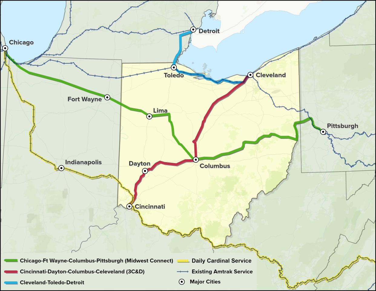 This map shows routes that will be studied for potential Amtrak service expansion.