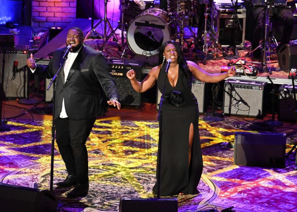 Michael Trotter Jr. and Tanya Trotter of The War and Treaty performs onstage at The Americana Music Association 22nd Annual Honors & Awards Show on September 20, 2023 at the Ryman Auditorium in Nashville, Tennessee.
