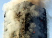 <p>Smoke rises from a building on fire in London, Wednesday, June 14, 2017. Metropolitan Police in London say they’re continuing to evacuate people from a massive apartment fire in west London. The fire has been burning for more than three hours and stretches from the second to the 27th floor of the building. (Matt Dunham/AP) </p>