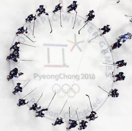 Ice Hockey - Pyeongchang 2018 Winter Olympics - Women's Semifinal Match - U.S. v Finland- Gangneung Hockey Centre, Gangneung, South Korea - February 19, 2018 - Players Team USA celebrate their win. REUTERS/Grigory Dukor