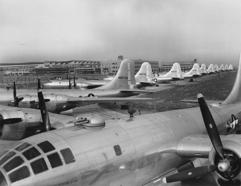 Eleven B-29’s in Boeing-Wichita assembly factory awaiting final flight tests. The ‘Superfortresses’ were introduced to combat in May 1944, mainly in the Pacific as long range bombers against Japan. (Shutterstock / Everett Collection)