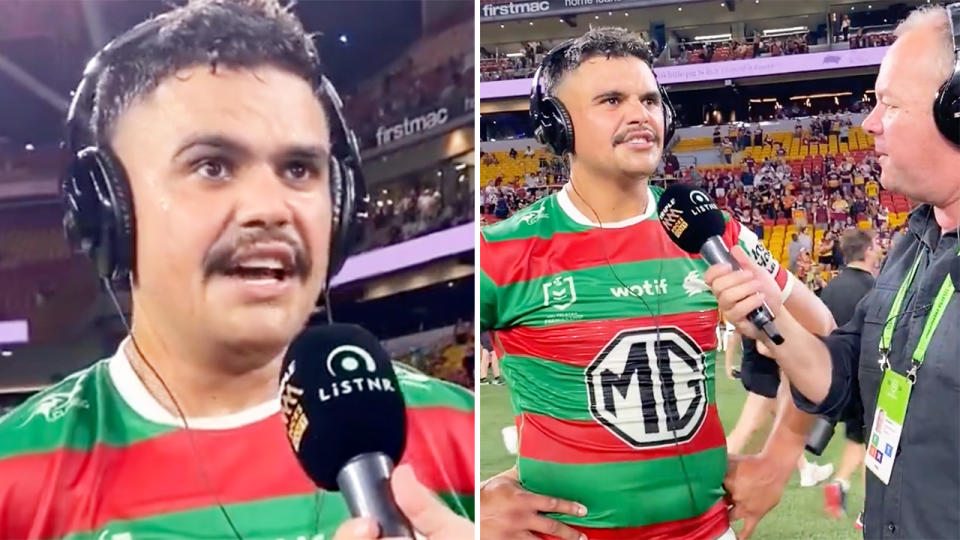 Latrell Mitchell, pictured here in a post-match interview with Triple M.