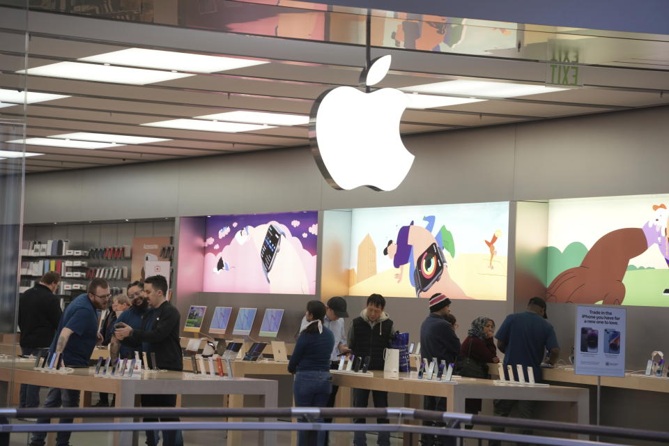 This is an Apple store in Pittsburgh on Monday, Jan. 30, 2023. (AP Photo/Gene J. Puskar)