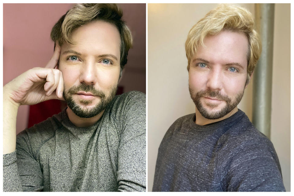 This combination of photos released by Kody Christiansen shows him before, at left, and after coloring his hair in New York. As the spread of the coronavirus sends more people into isolation around the world, trips to beloved salons and barber shops for morale-boosting services are a thing of the past. (Kody Christiansen via AP)