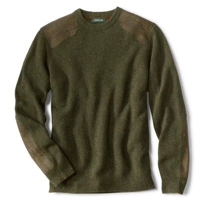 olive green tweed lambswool men's crew neck sweater