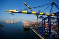 FILE PHOTO: A ship loaded with containers is pictured at Yusen Terminals on Terminal Island at the Port of Los Angeles