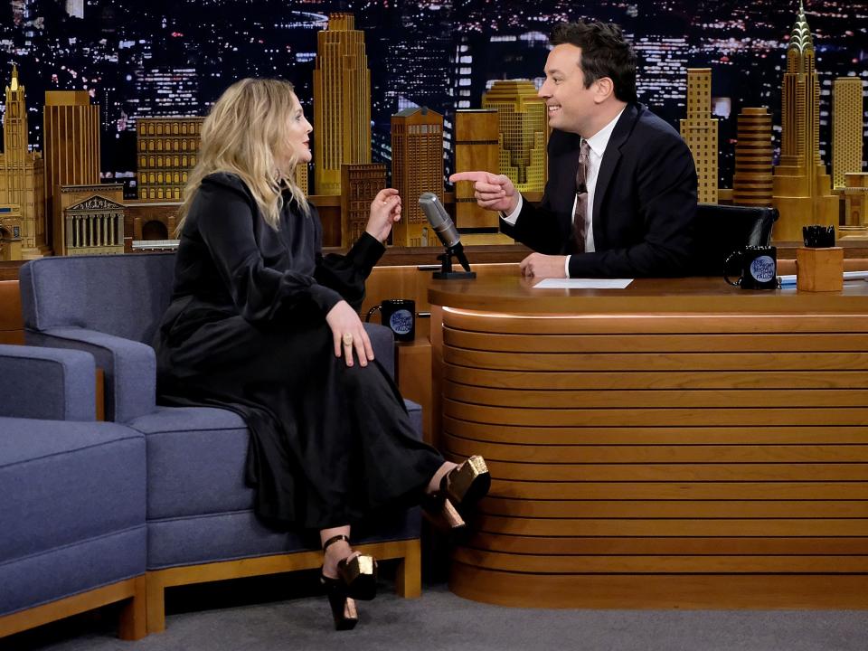 Drew Barrymore and host Jimmy Fallon during a segment on the "The Tonight Show Starring Jimmy Fallon" at Rockefeller Center on March 8, 2018 in New York City. (Photo by Jamie McCarthy/Getty Images for NBC)