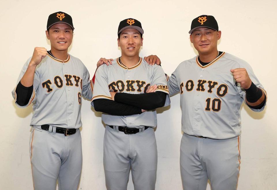 讀賣巨人坂本勇人（左起）、大勢、中田翔在大央聯盟明星賽票選中，分別獲得游擊、救援投手和一壘的最高票。（讀賣巨人twitter）