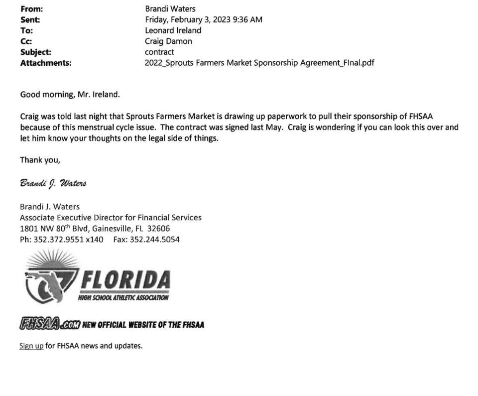 Internal emails at the Florida High School Athletics Association show that Sprouts Farmers Market was poised to pull a $35,000 sponsorship deal if the FHSAA kept questions about athletes' menstrual histories on annual registration forms.