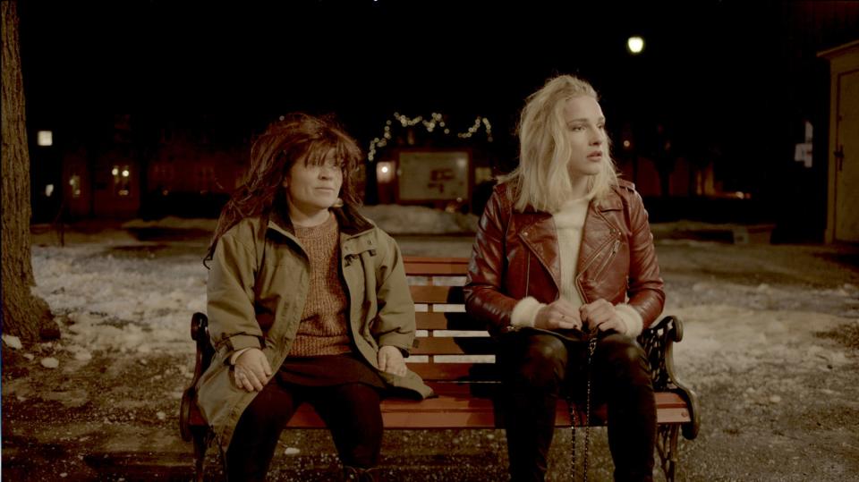 Ebba (Sigirid Husjord, left) and passenger (Ola Hoemsnes Sandum) appear in a scene from director Eirik Tveiten's "Night Ride," one of the films nominated for an Academy Award in the  Live Action Short Films category. On a cold night in December, Ebba waits for the tram to go home after a party, but the ride takes an unexpected turn. It will be shown Feb. 24 and 25, 2023, at the University of Notre Dame's DeBartolo Performing Arts Center with the other nominees in its category.