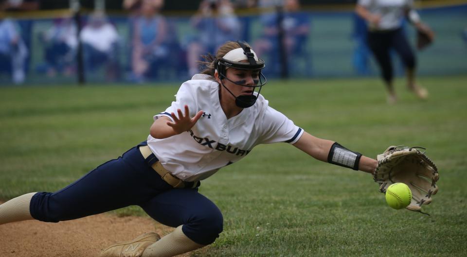 Cam Fehsal of Roxbury makes this diving play for the ball as Roxbury won the North 1 Group 3 final 5-1 over Passaic Valley in a game played at Roxbury on June 12, 2021.