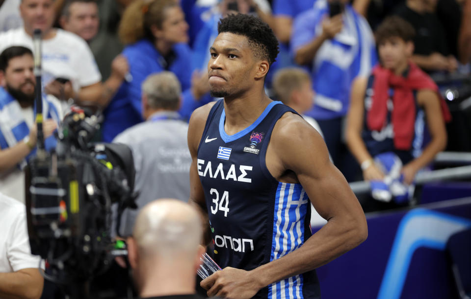 BERLIN, GERMANY - SEPTEMBER 13: Giannis Antetokounmpo of Greece   during the FIBA EuroBasket 2022 quarterfinal match between Germany and Greece at EuroBasket Arena Berlin on September 13, 2022 in Berlin, Germany. (Photo by Pedja Milosavljevic/DeFodi Images via Getty Images)