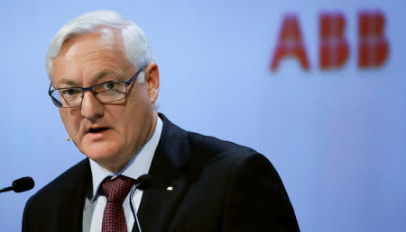 FILE PHOTO: Chairman Peter Voser of Swiss power technology and automation group ABB addresses the company's annual shareholder meeting in Zurich, Switzerland, March 29, 2018. REUTERS/Arnd Wiegmann