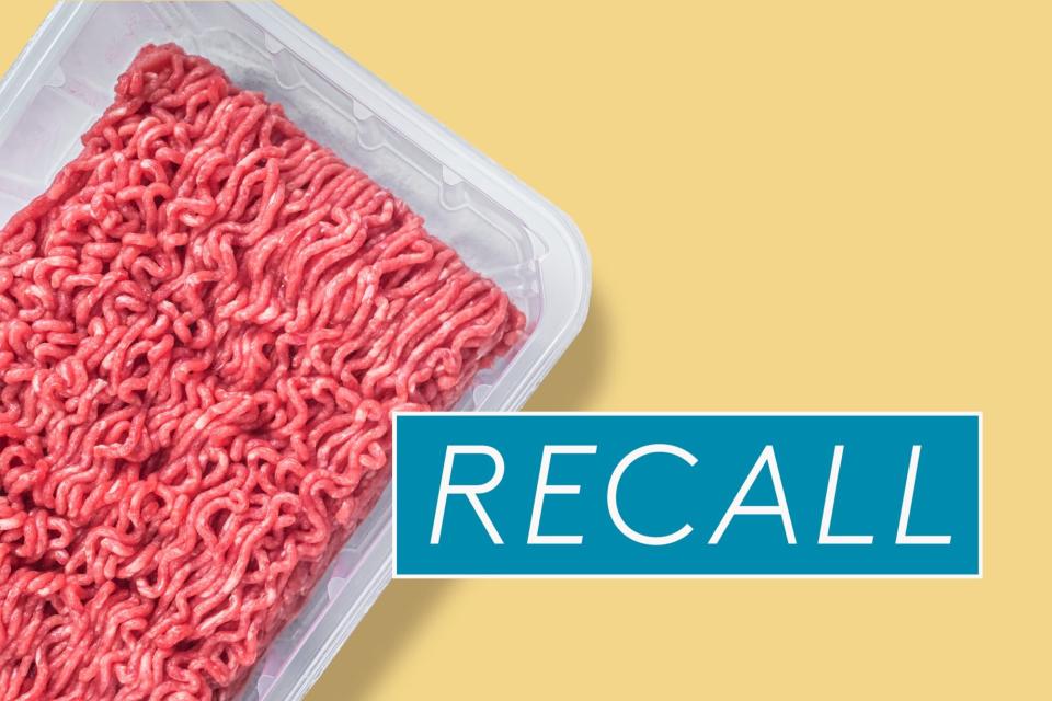 A package of raw ground beef on a yellow background + recall