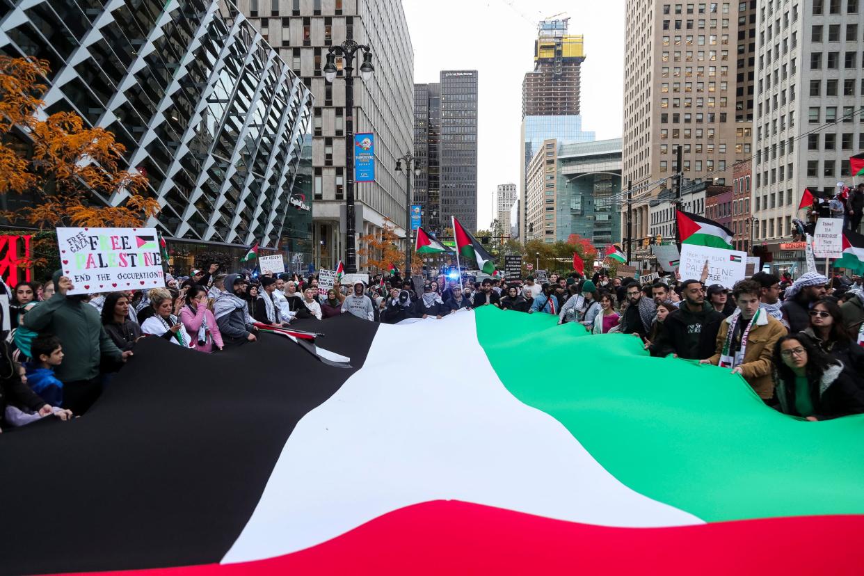 People march to call for cease-fire in Gaza in downtown Detroit on Saturday, Oct. 28, 2023.