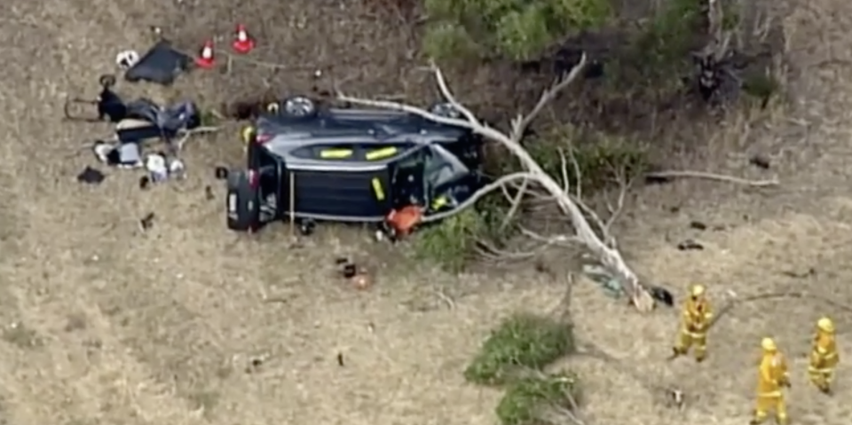 Pictured is the car wreckage at Balliang East.