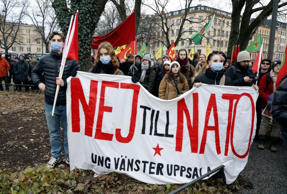 A demonstration against Sweden's Nato bid in Stockholm. The sign reads ‘no to Nato’ (Christine Olsson)