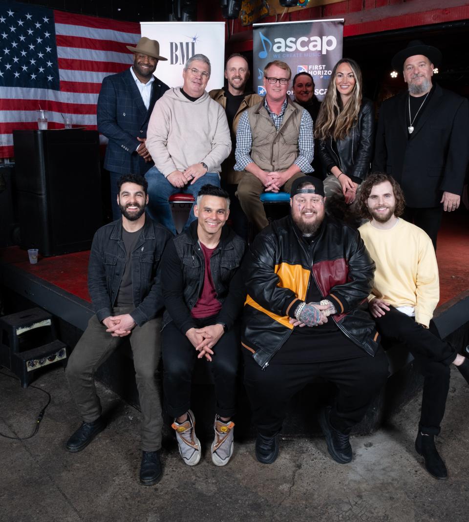 BMI’s Shannon Sanders, BMG’s Chris Oglesby, Sony Music Publishing’s Rusty Gaston, Reservoir’s John Ozier, Studio Bank’s Kari Barnhart, ASCAP’s Evyn Johnston, Stoney Creek’s Adrian Michaels, Rob Ragosta (BMI), Joe Ragosta (ASCAP), Jelly Roll (BMI), Austin Nivarel (ASCAP) celebrate "Need A Favor"'s success