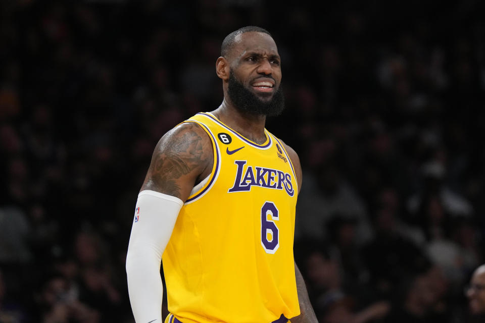 Jan 25, 2023; Los Angeles, California, USA; Los Angeles Lakers forward LeBron James (6) reacts against the San Antonio Spurs in the second half at Crypto.com Arena. The Lakers defeated the Spurs 113-104. Mandatory Credit: Kirby Lee-USA TODAY Sports