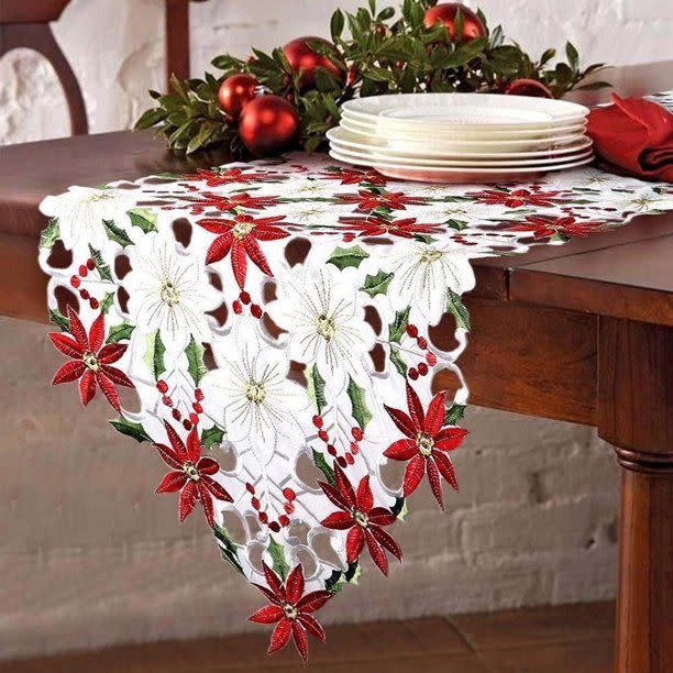 Christmas Table Runner with Poinsettias and Holly