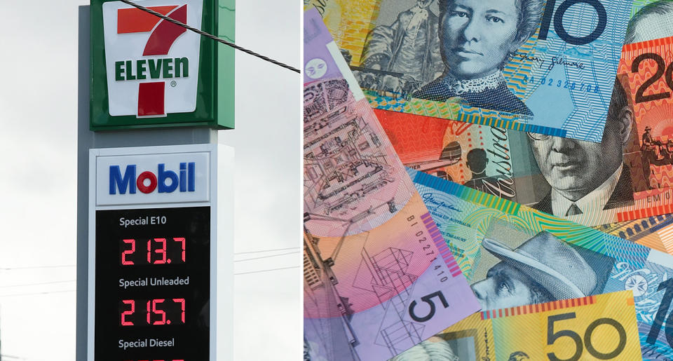 A sign at a petrol station displaying high prices and Australian money.