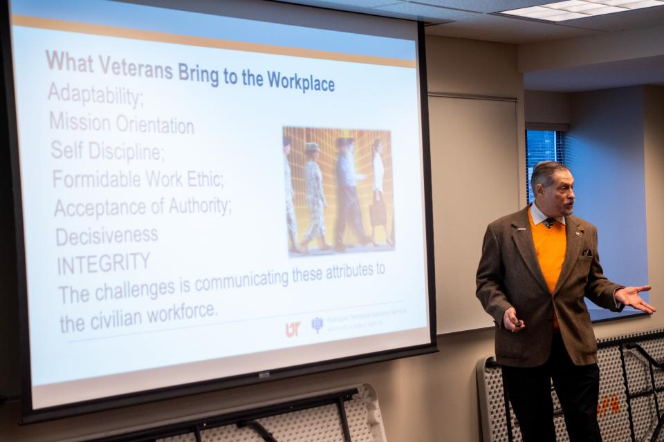 UT political science lecturer and veteran Joe Jarrett speaks to the Veteran Impact Program class held on the University of Tennessee at Knoxville campus.