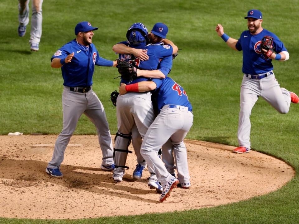 Alec Mills of the Chicago Cubs celebrates with teammates after throwing a no-hitter to beat the Milwaukee Brewers 12-0 at Miller Park on Sept. 13 in Milwaukee, Wisconsin (Dylan Buell/Getty Images)