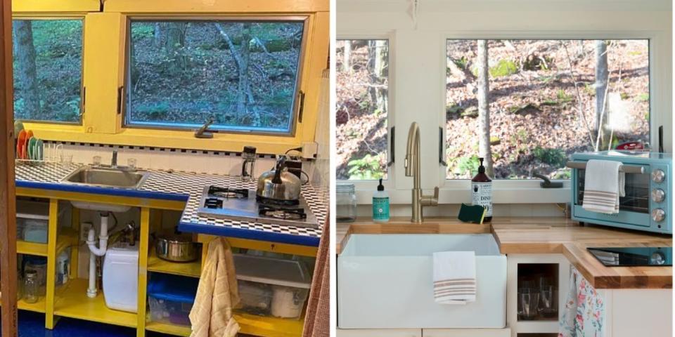 Left, yellow and blue kitchen. Right, nice white kitchen.